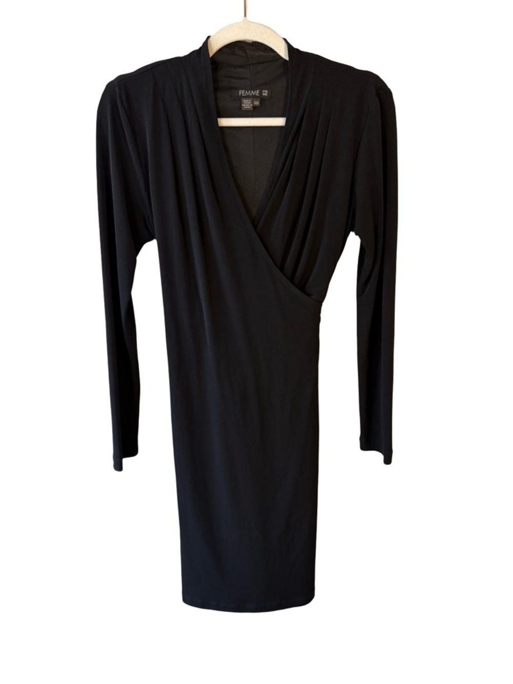 Femme Black Long-Sleeve Wrap Bodycon Stretch Tie Dress Size M Canada Minimalist